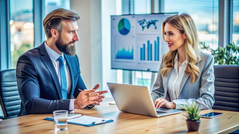Two business professionals discussing startup growth strategies in a modern office.