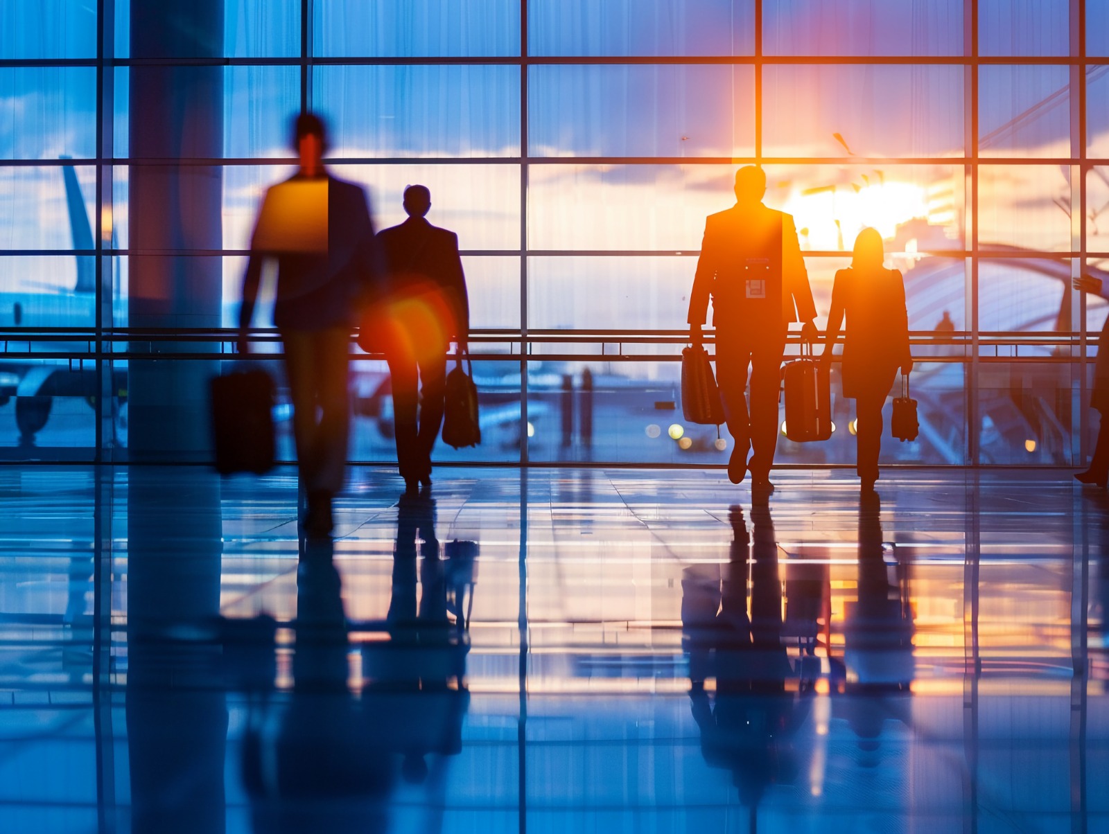 Business professionals walking in an airport, symbolizing opportunities in the silver economy.