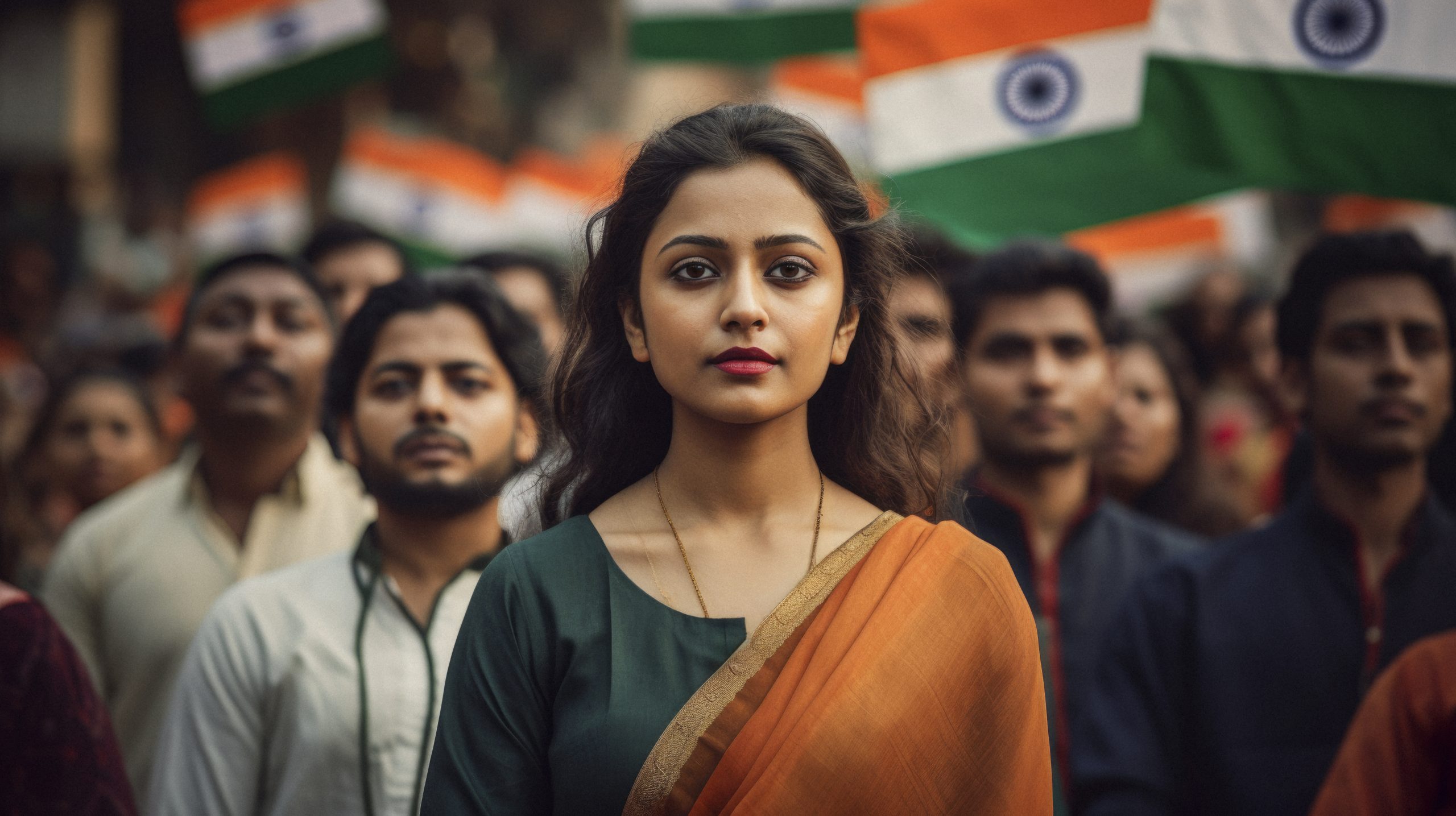 A confident young woman standing in front of a crowd, symbolizing empowerment and unity.