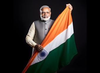 Prime Minister Narendra Modi holding the Indian flag, symbolizing national empowerment and pride