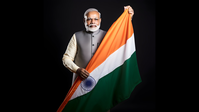 Prime Minister Narendra Modi holding the Indian flag, symbolizing national empowerment and pride
