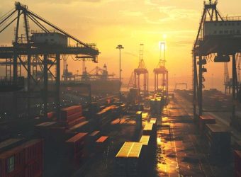 Sunset view of Vizhinjam Port with large cranes and shipping containers.