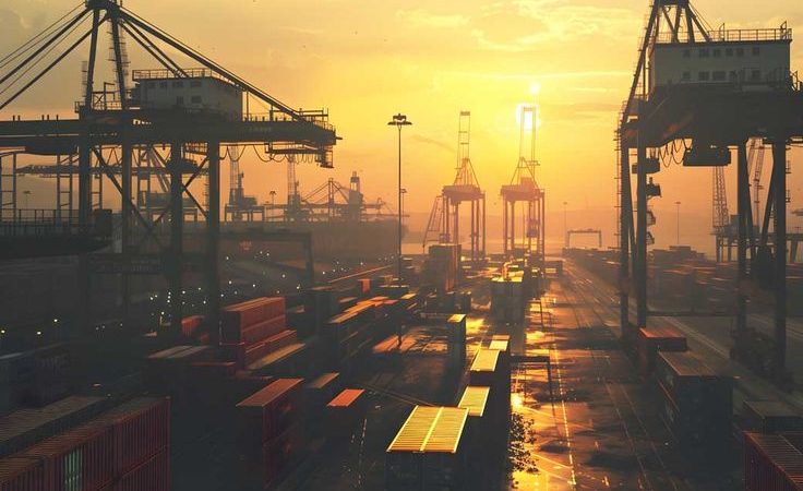 Sunset view of Vizhinjam Port with large cranes and shipping containers.