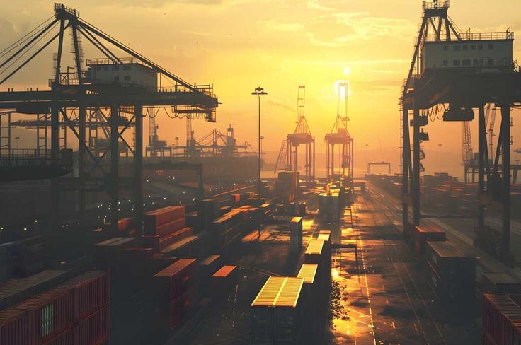 Sunset view of Vizhinjam Port with large cranes and shipping containers.