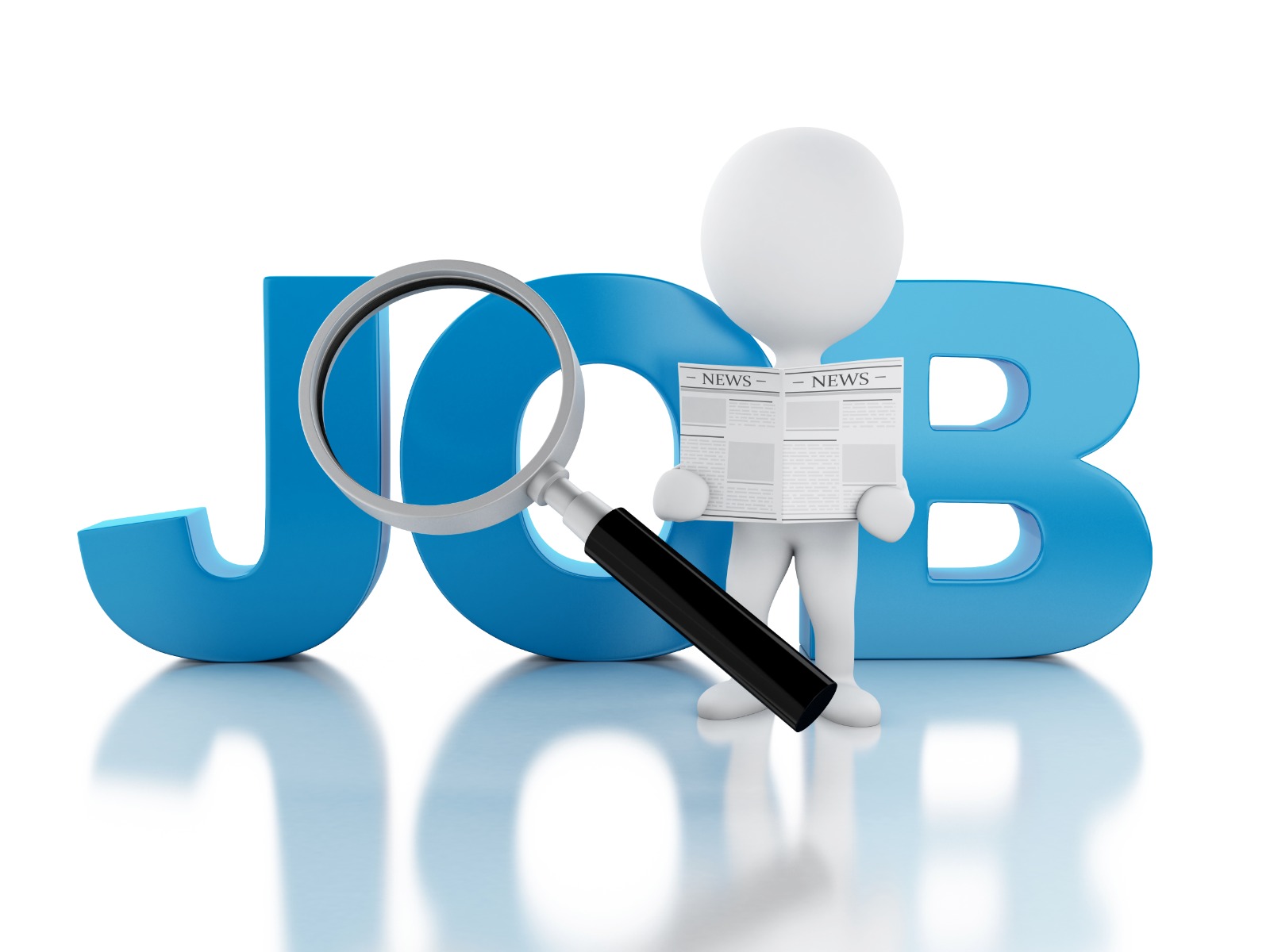 Job opportunities at Vizhinjam Port: A figure holding a newspaper with a magnifying glass in front of the word JOB.